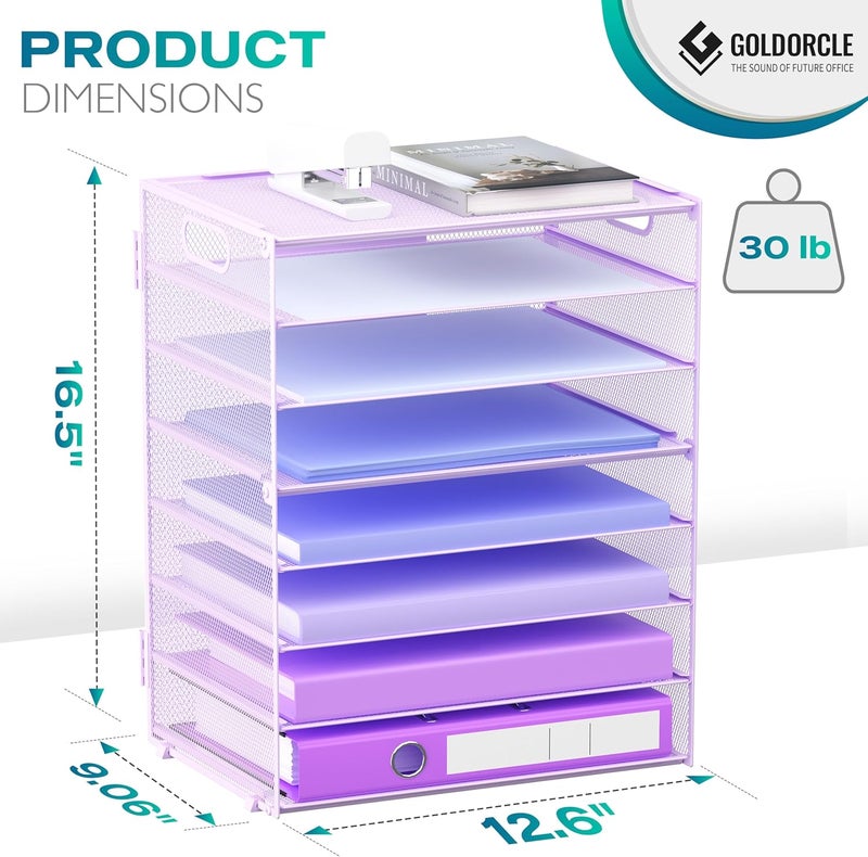 GoldOrcle 8 Tier Paper Letter Tray Organizer with Handles, Mesh Desk File Holder Storage Organization for Home School Classroom & Office (Purple) - Image 2